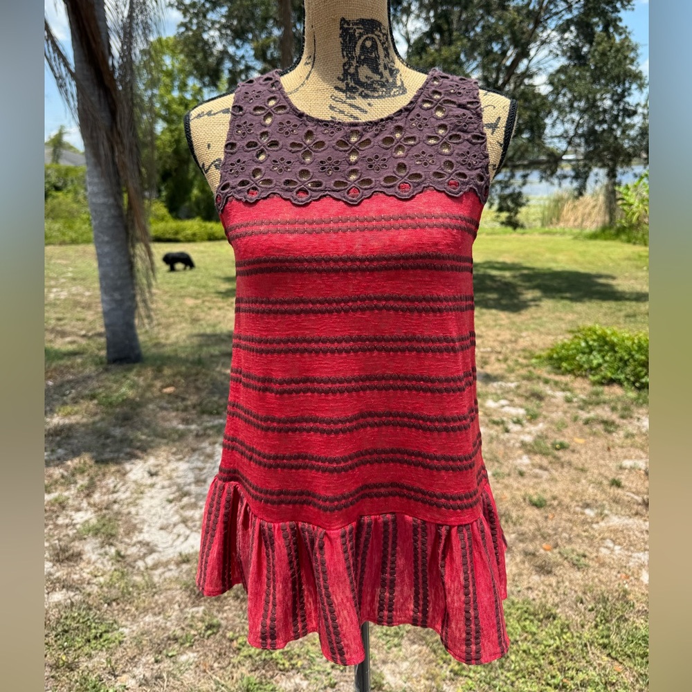 NWOT Free People Molly Retro Peplum Tank Top Red Brown Size Small Eyelet Striped
